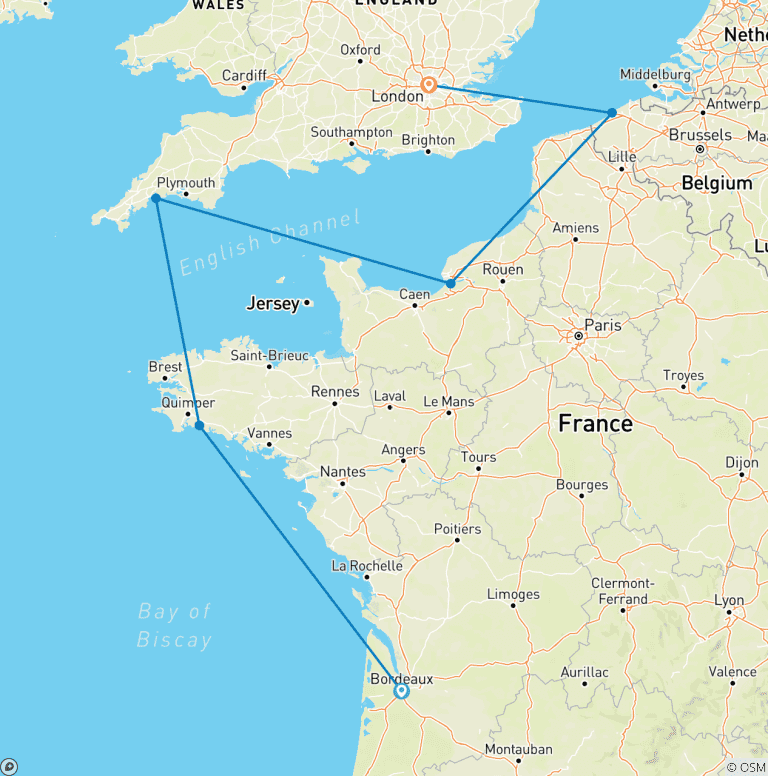 Map of Wonders of Europe: Bordeaux to London 2026