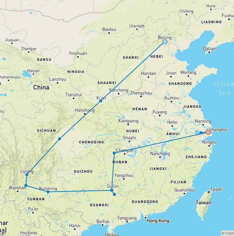 Map of 21 Days Customized China Tour (Private Guide and Driver), Daily Start & No Group