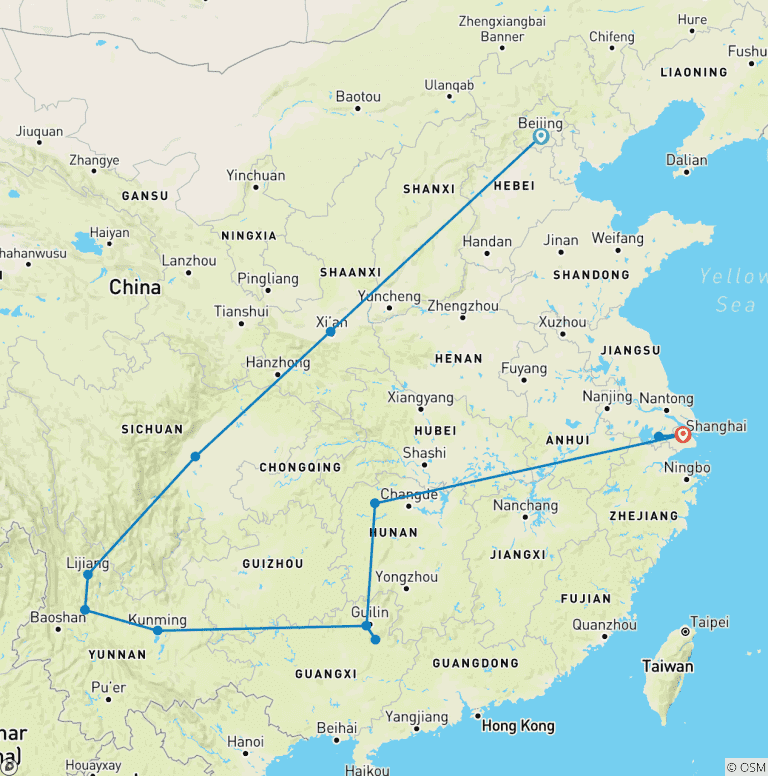Map of 21 Days Customized China Tour with Private Guide and Driver, Daily Start & No Group