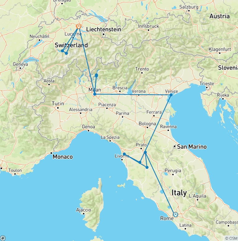 Map of 10 Day Italy & Switzerland Tour Package