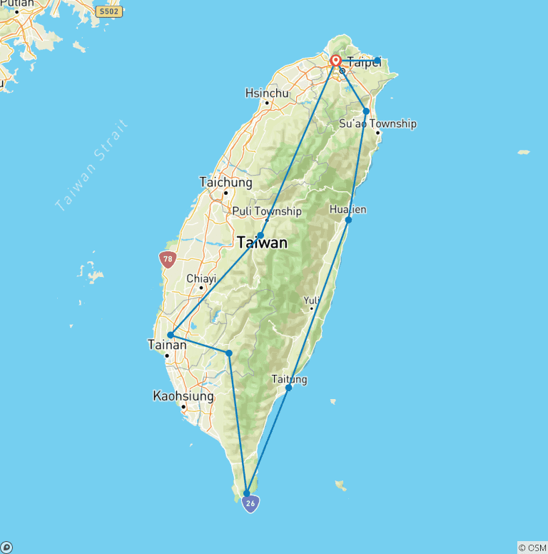 Map of 【Taiwan】10-Day Tour Package with featuring the Guard Change at Chiang Kai-shek Memorial Hall