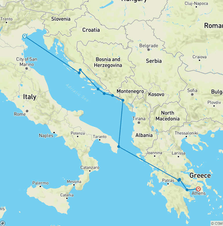 Map of Adriatic Jewels Venice → Athens (2025) (12 destinations)
