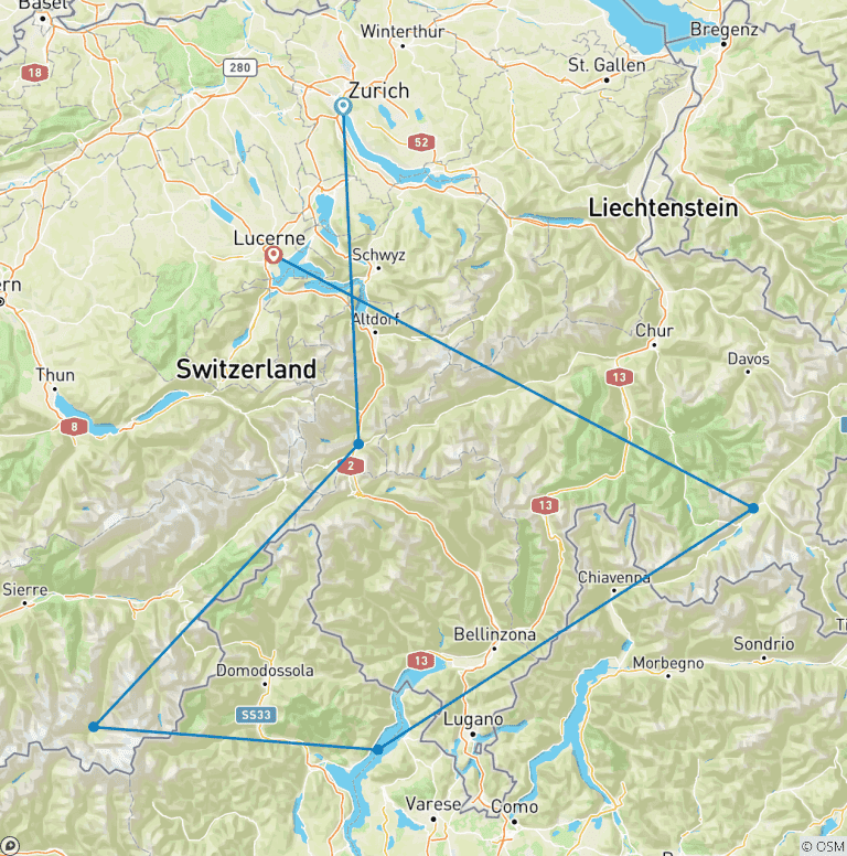 Map of Alpine Lakes & Scenic Trains featuring a cruise on Lake Maggiore and scenic trains in Switzerland & Italy (Zurich to Lucerne) (2025)