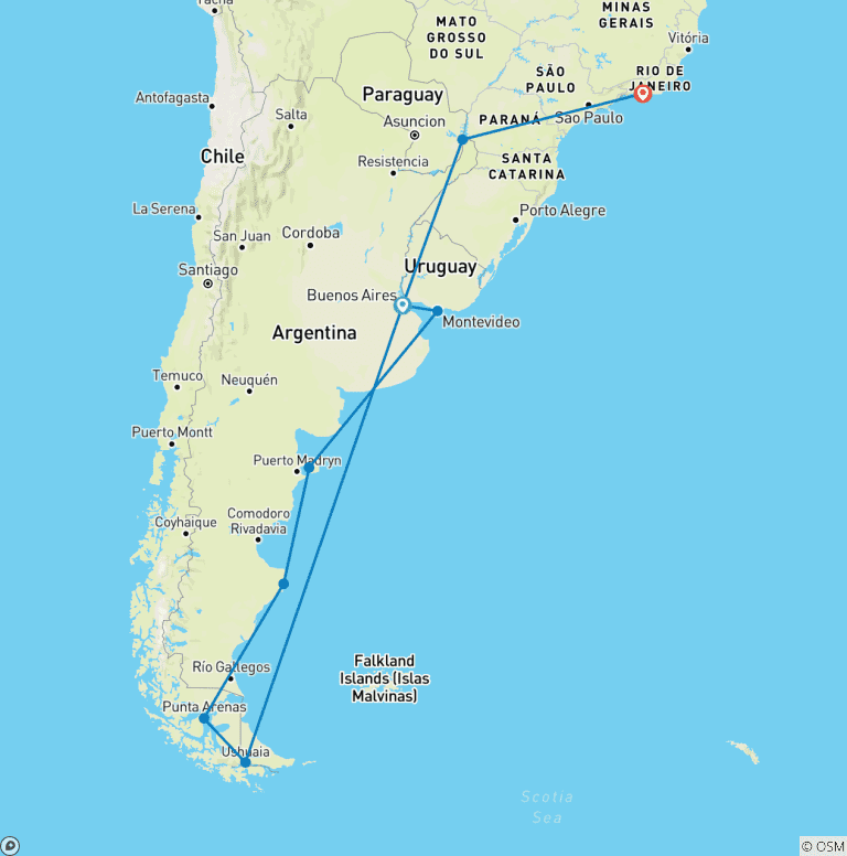 Map of Treasures of South America: Chilean Fjords to the Iguazu falls - Cruise & Land Journey