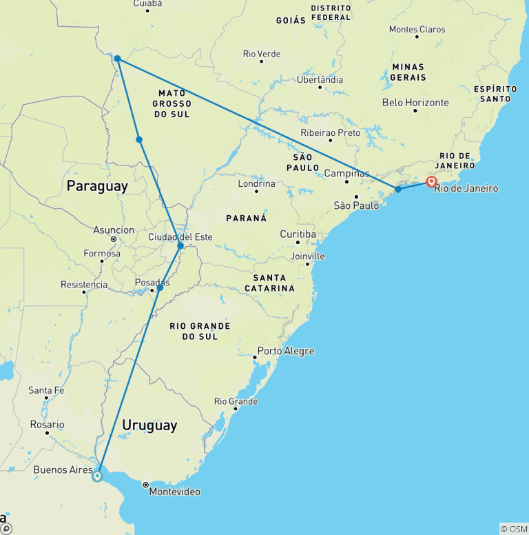 Map of BUENOS AIRES to RIO (18 days) Waterfalls, Wetlands