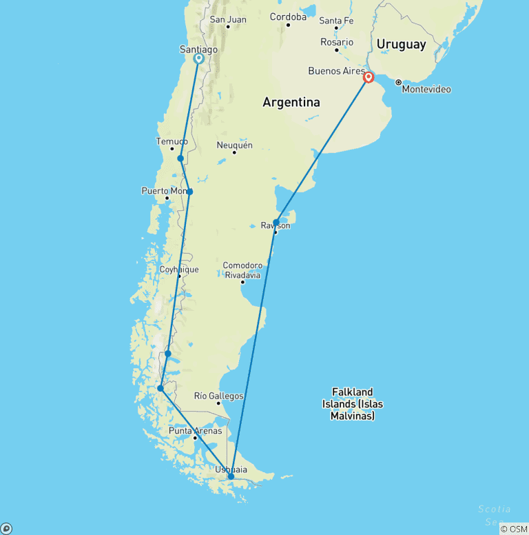 Map of SANTIAGO to BUENOS AIRES (31 days) Patagonian Adve