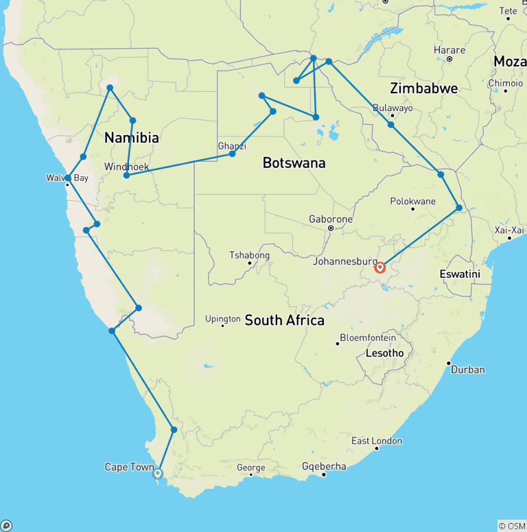 Map of Cape Town to Johannesburg Overland Safari & Participation Camping