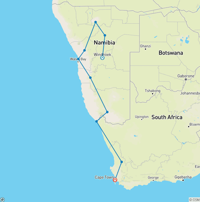 Map of Namibia to Cape Town Overland Safari