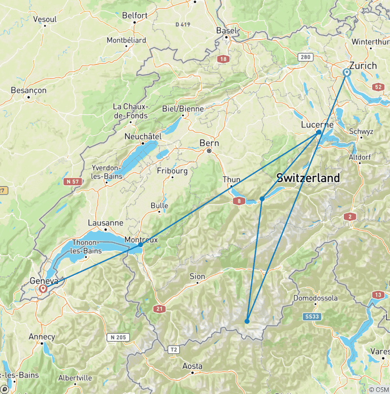 Map of Grand tour of Switzerland in 14 days