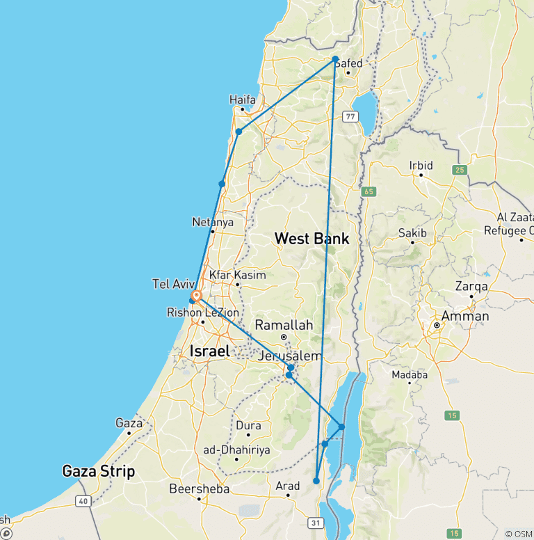 Map of 7 Day Jewish History Israel Tour Package