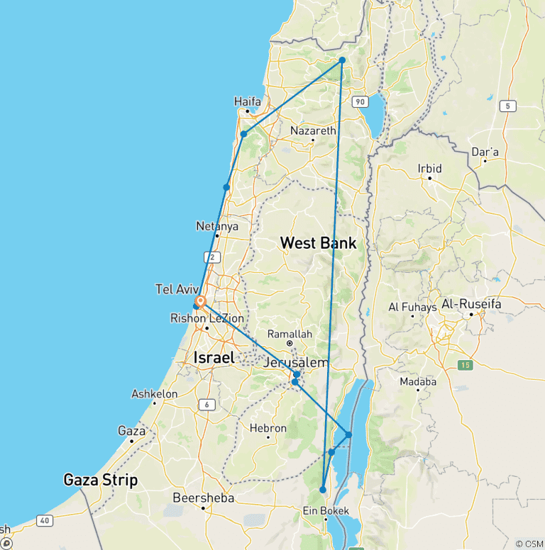Map of 7 Day Jewish History Israel Tour Package