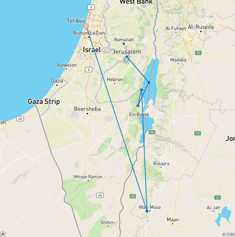 Map of 7 Day Highlights of Israel & Jordan Tour Package