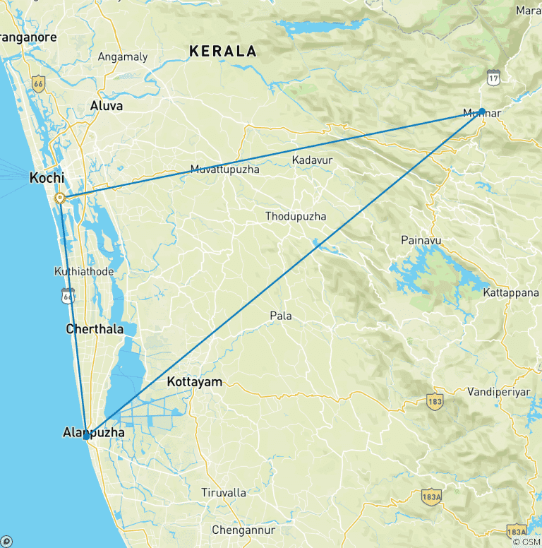 Map of South India Tour (Explore Cochin, Munnar and Alleppey)