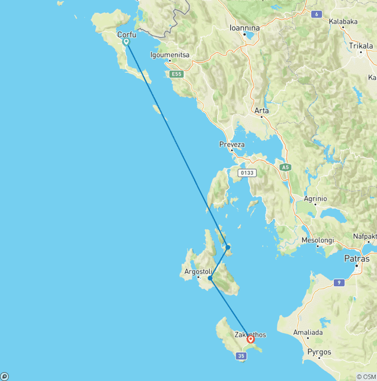 Map of Ionian Island Hopping | Corfu - Ithaca - Kefalonia - Zante | 9 Days | Greece