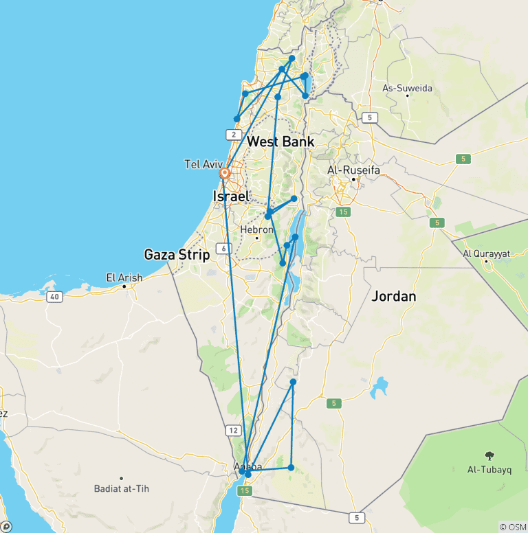 Map of 10 Day Highlights of Israel & Jordan Tour Package