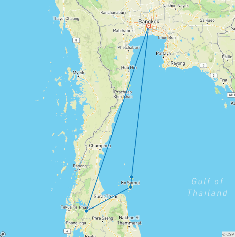 Map of 10 Days Full Moon Experience Thailand (private guide & driver）