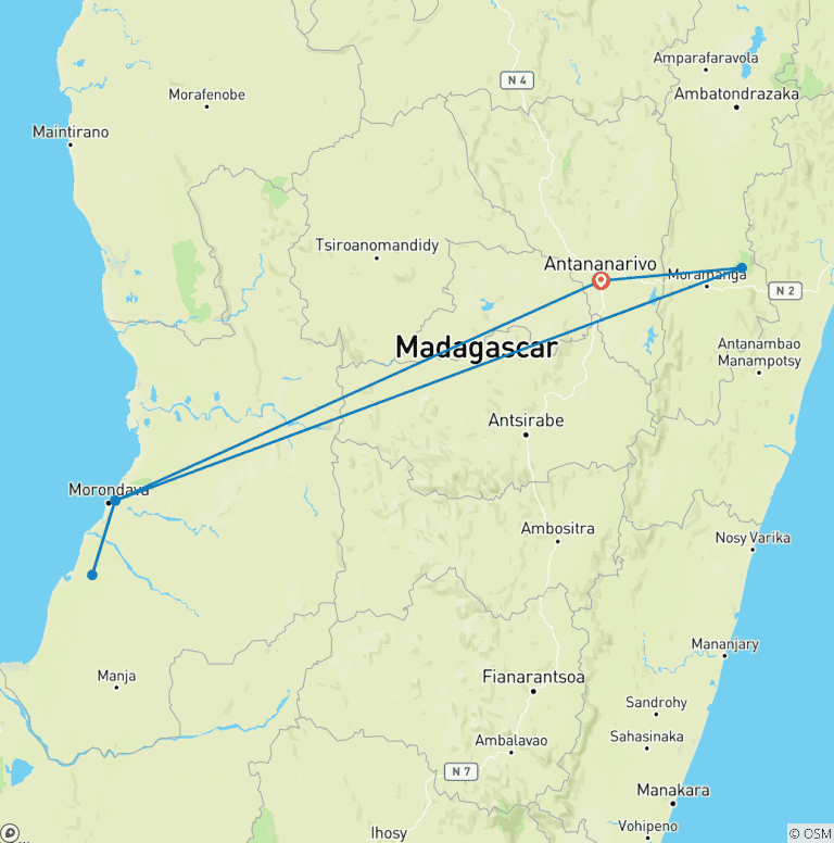 Map of Journey Through Madagascar Exploring Antananarivo to Andasibe 7 Days/6 Nights (Comfort)