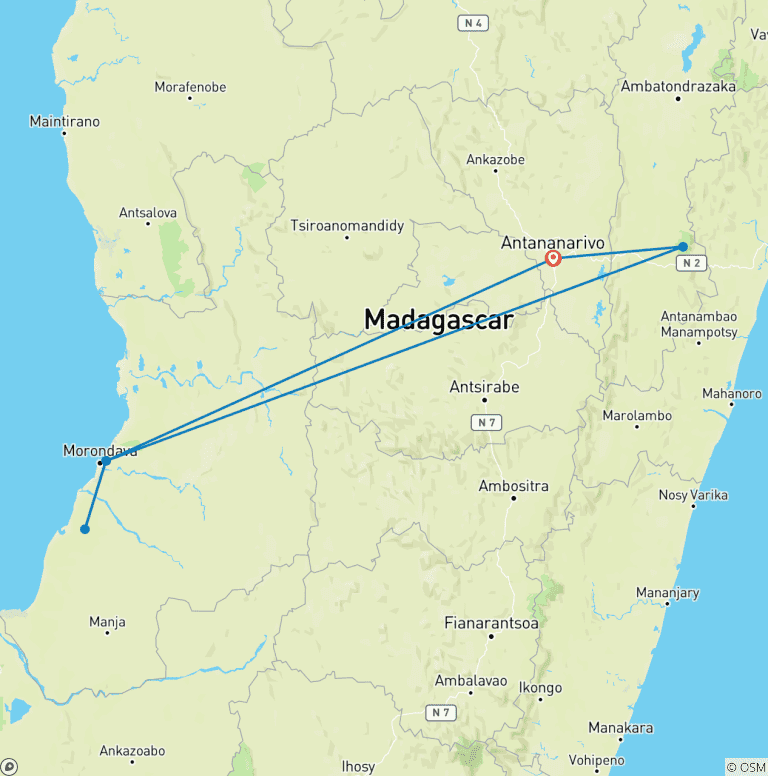 Map of Journey Through Madagascar Exploring Antananarivo to Andasibe 7 Days/6 Nights (Comfort)