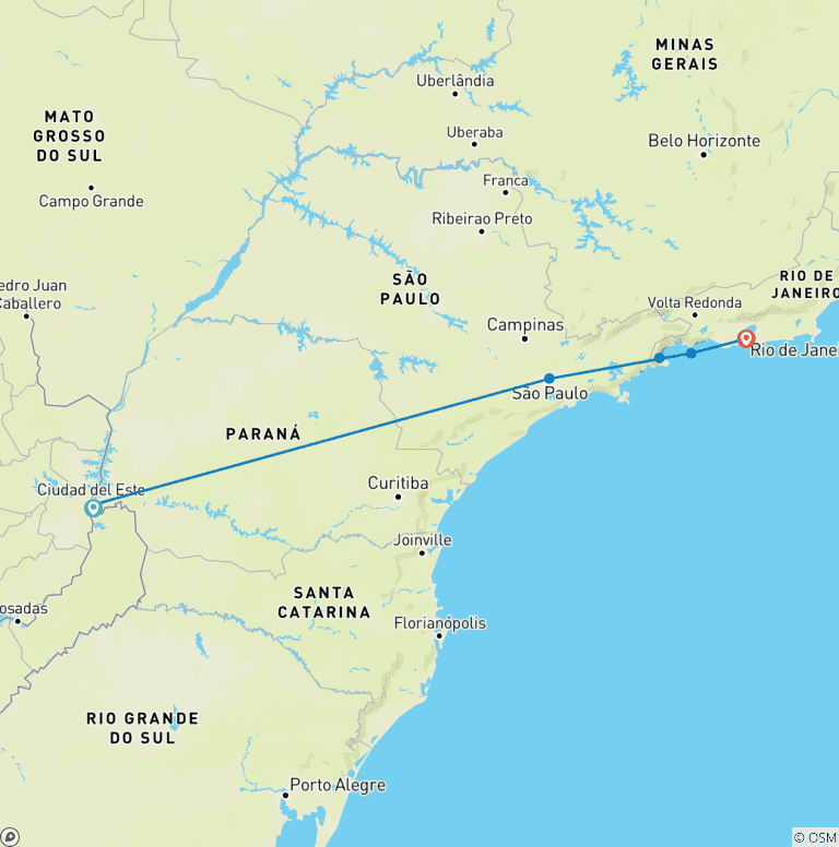 Map of Iguazu to Rio + Paraty and Ilha Grande (15 Days)