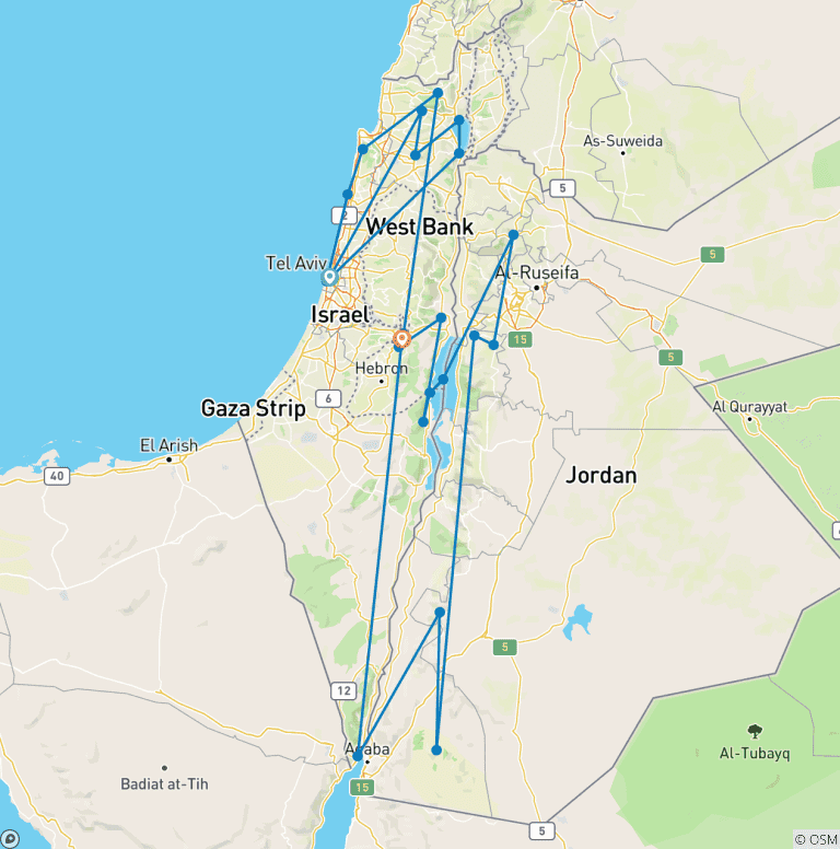 Map of 13 Day Christian Israel & Jordan Tour Package