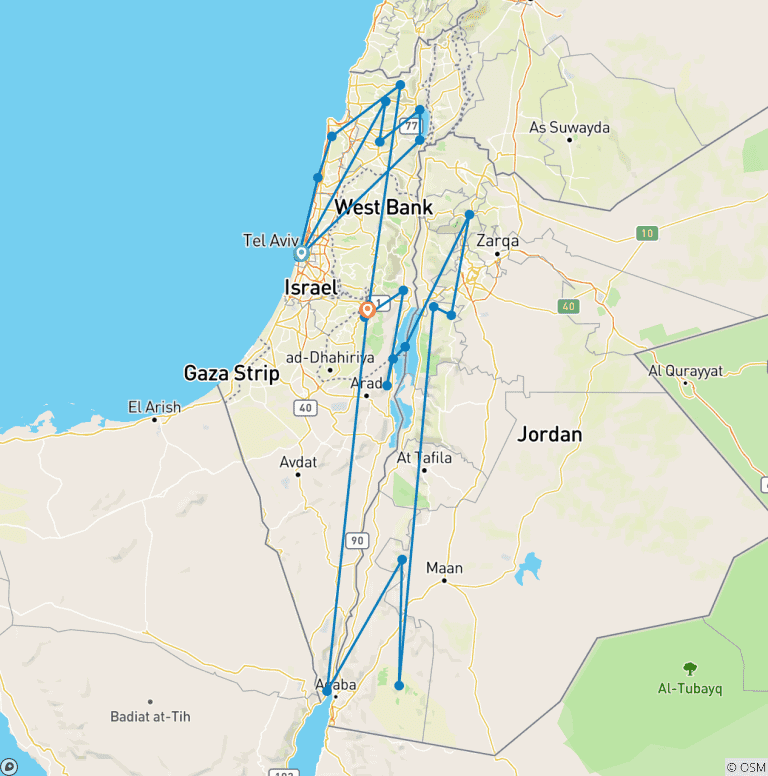 Map of 13 Day Christian Israel & Jordan Tour Package