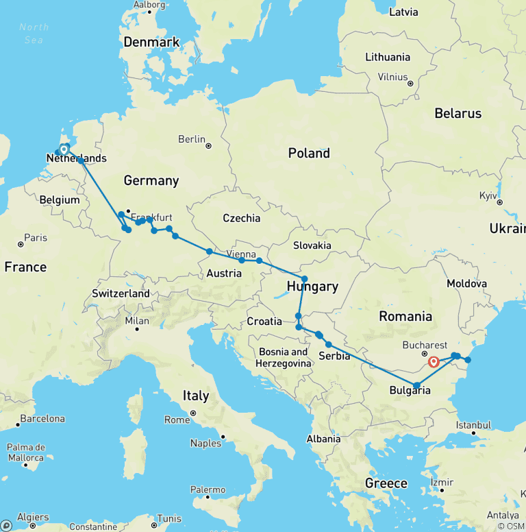 Map of From Amsterdam to the Iron Gates, experience it all on a European river cruise (port-to-port cruise)