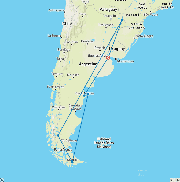 Map of Must-sees of Patagonia and Iguazú falls