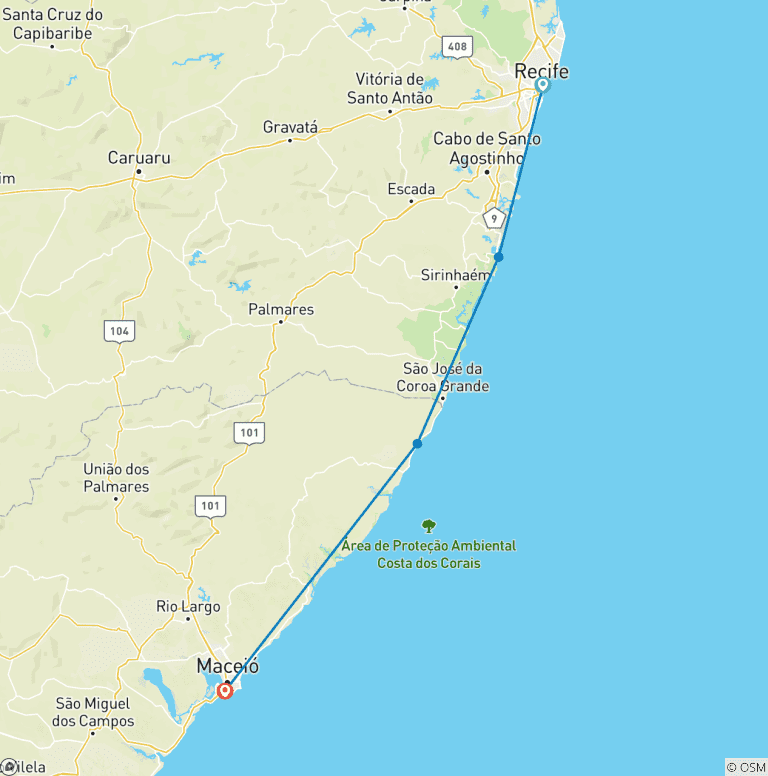 Map of Brazil - Sand Sea and Sun - Recife, Porto de Galinhas, Maragogi, Maceio - 9 days