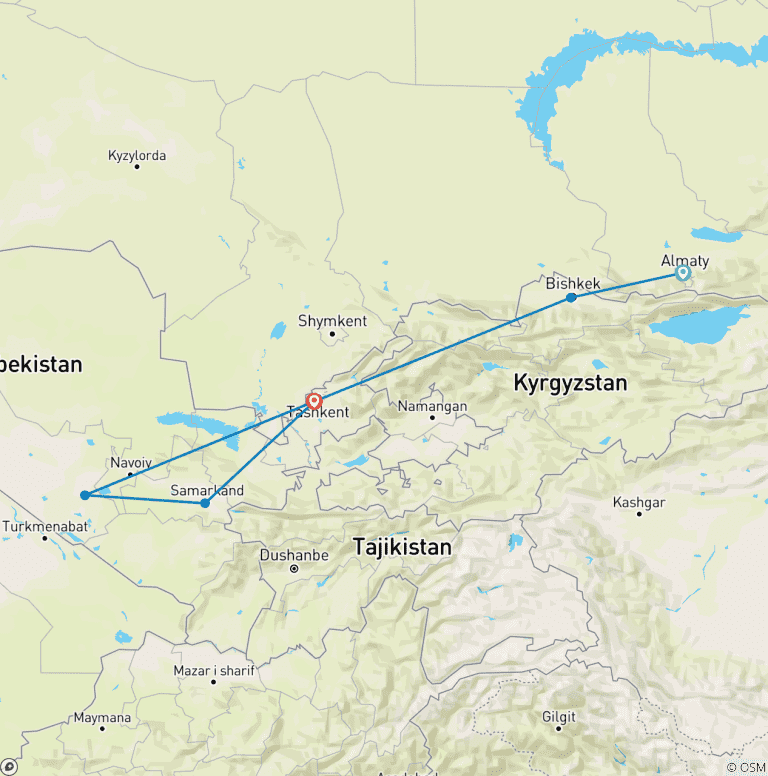 Map of Tour along 3-stans of Central Asia 12 Days: Kazakhstan, Kyrgyzstan, and Uzbekistan