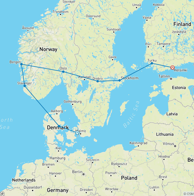 Map of Scandinavia – 13 Days Copenhagen to Helsinki