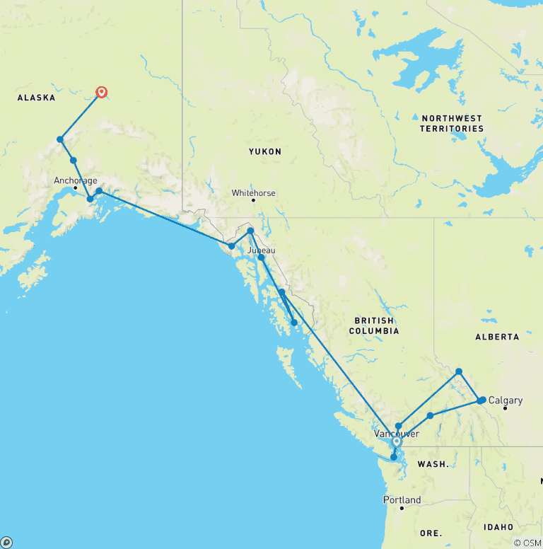 Map of Grand Canada & Alaska and Voyage of the Glaciers 2025|2026 - 24 Days