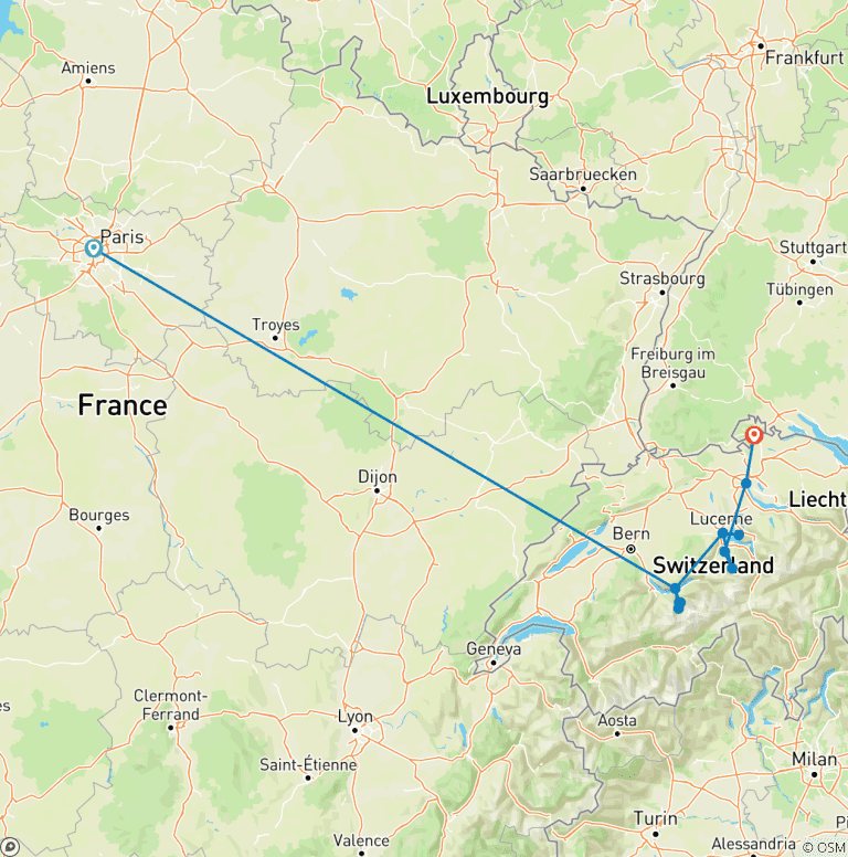 Map of France and Switzerland in 8 days covering Paris Interlaken Lucerne and Zurich
