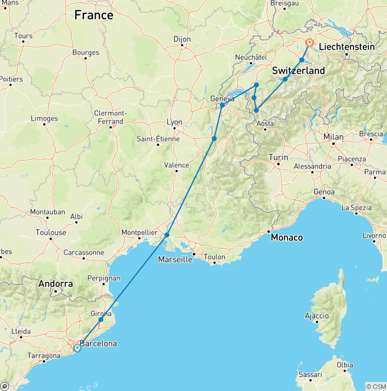 Map of Barcelona to Zurich