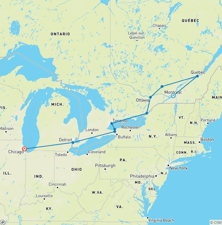 Map of Unmissable Canada, Niagara and Chicago