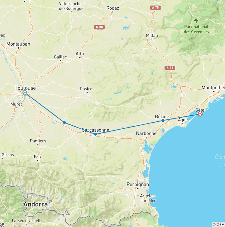 Map of Canal du midi Cycling : from Toulouse to Sete
