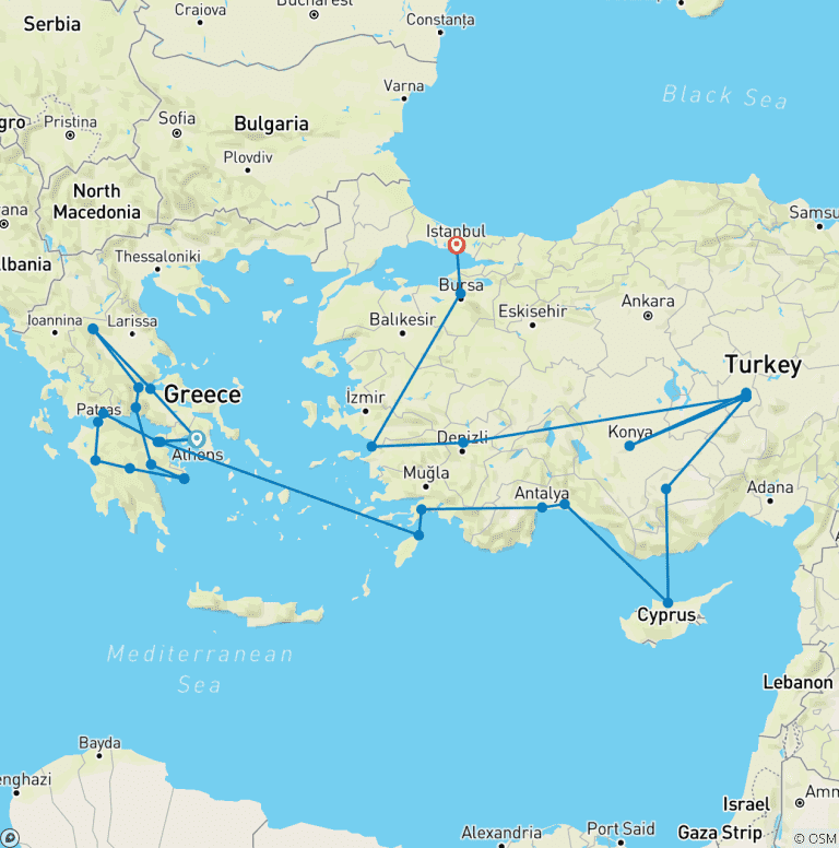 Map of Complete Greece and Turkish Tour