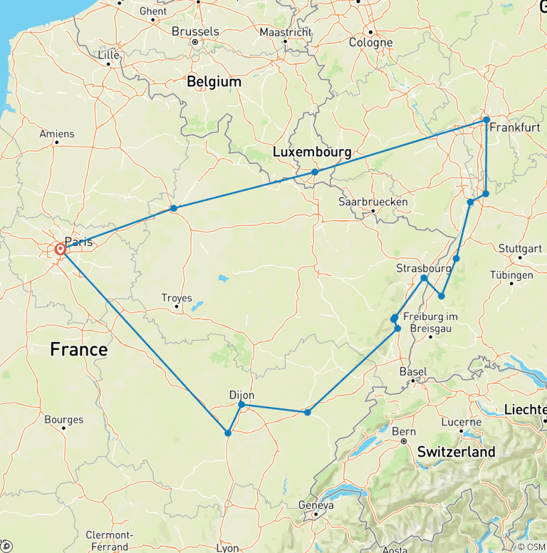 Map of Burgundy, Alsace and Black Forest End Paris