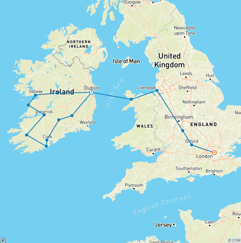 Map of Great Tour of Ireland end London
