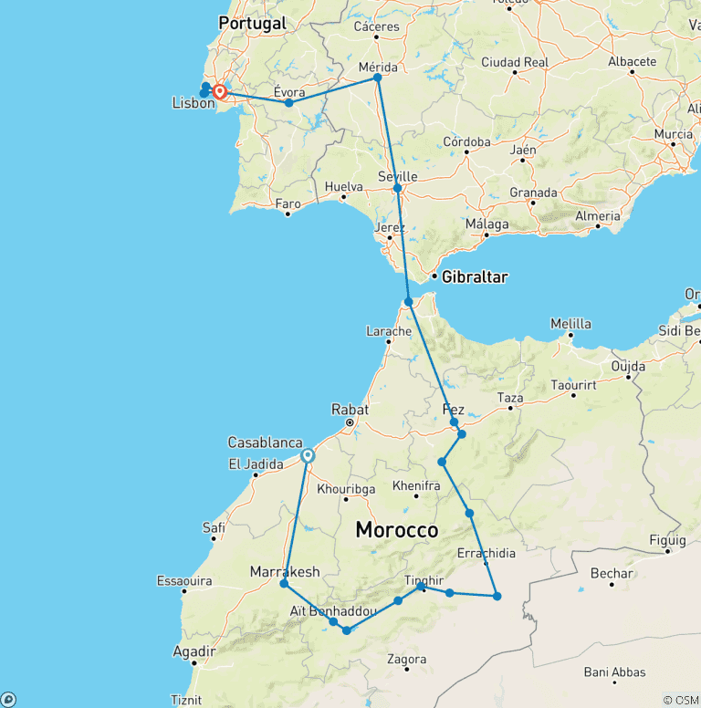 Map of Moroccan Capitals, Seville and Lisbon