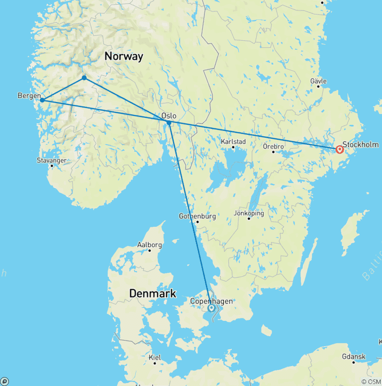 Map of Scandinavian Capitals & Fjords Small Group Tour