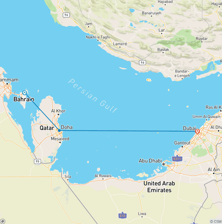 Map of Bahrain, Qatar and Dubai