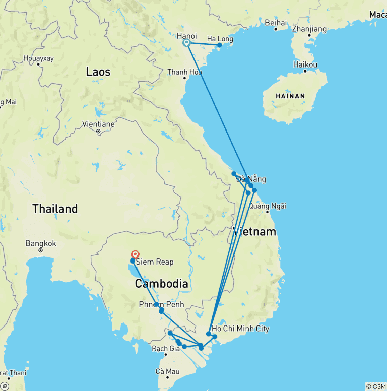 Map of Grand Tour of Vietnam and Cambodia with Celebrity Chef Chanthy Yen