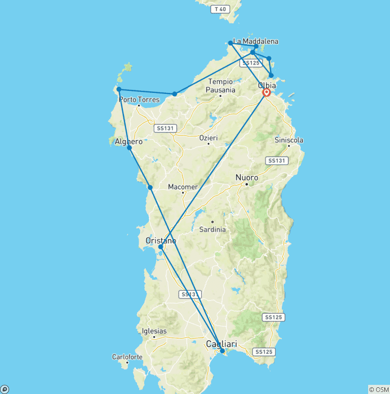 Map of 5 Days Tour of Sardinia from Olbia
