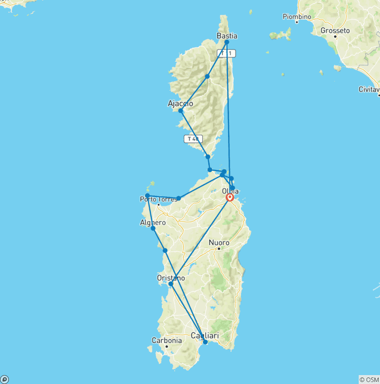Map of 7 Days Gran Tour of Sardinia and Corsica from Olbia