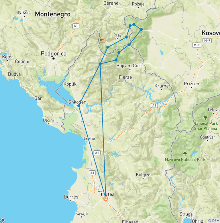 Map of The Balkan Peaks guided tour -10 Days in 3 Countries from Tirana