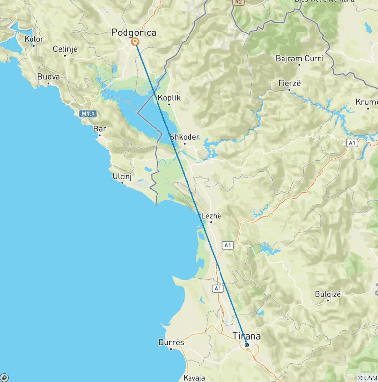 Map of Tirana to Podgorica, Montenegro Private transport from