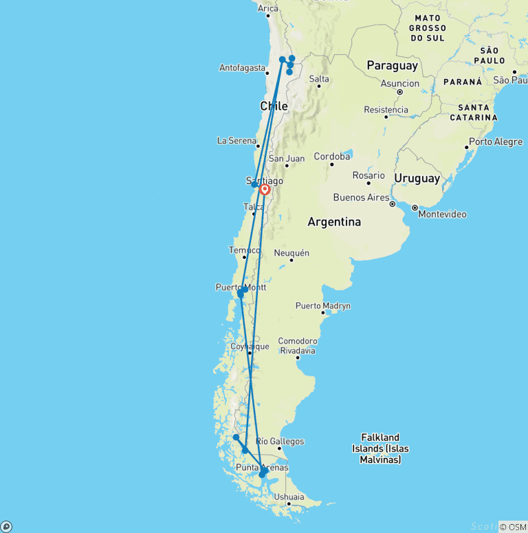 Map of Highlights of Chile - Atacama to Paine