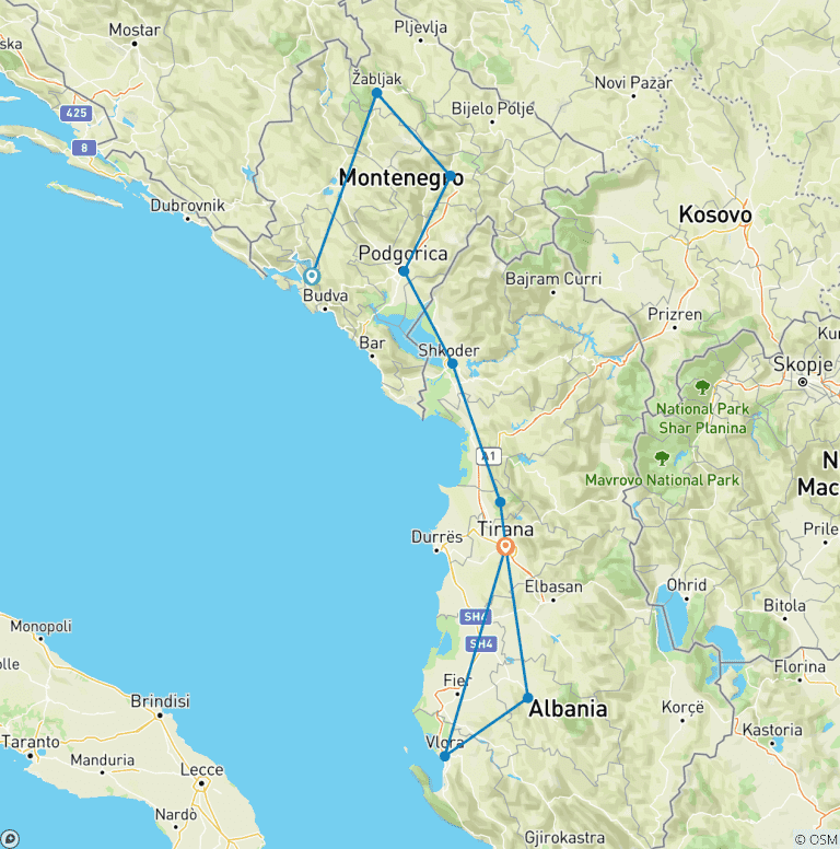 Map of Montenegro & Albania Adventure