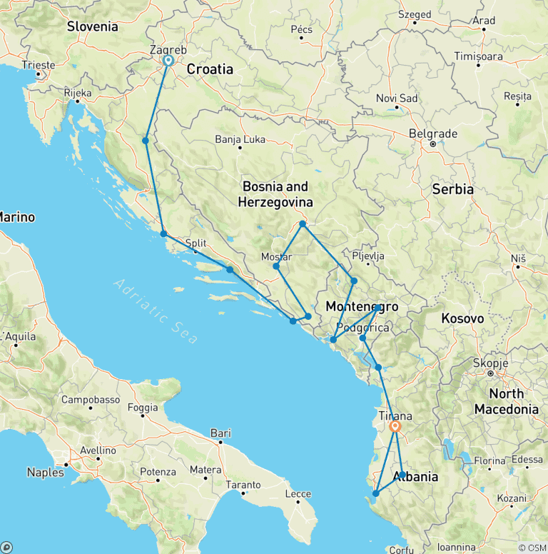 Map of Classic Balkans:  Croatia to Albania