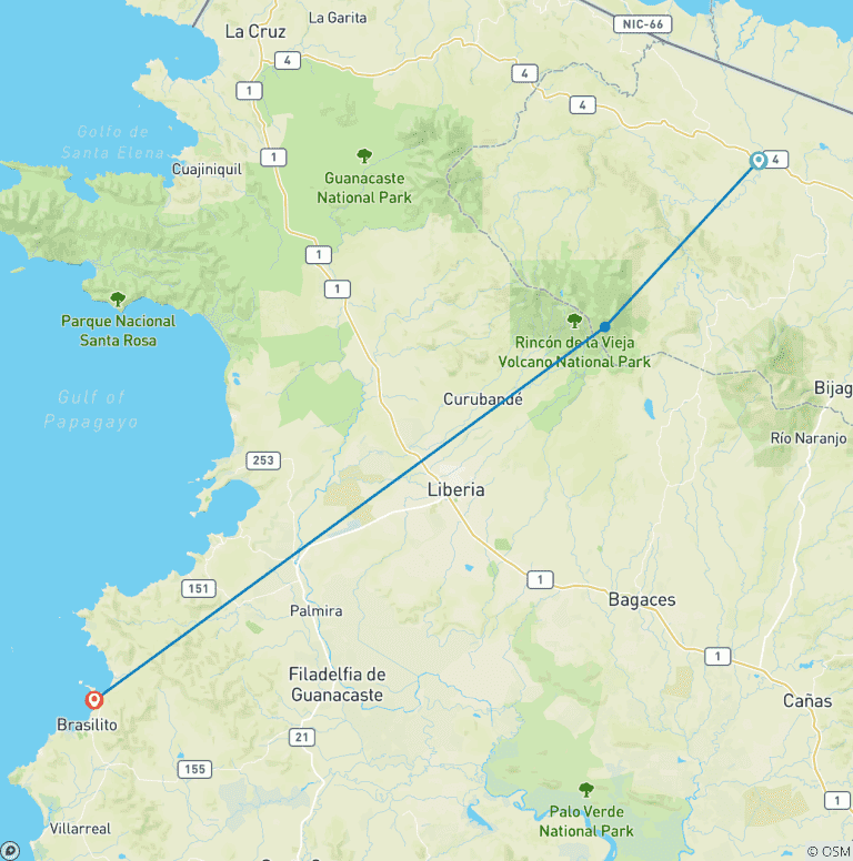 Map of Costa Rica: Rio Celeste & Rincon de la Vieja